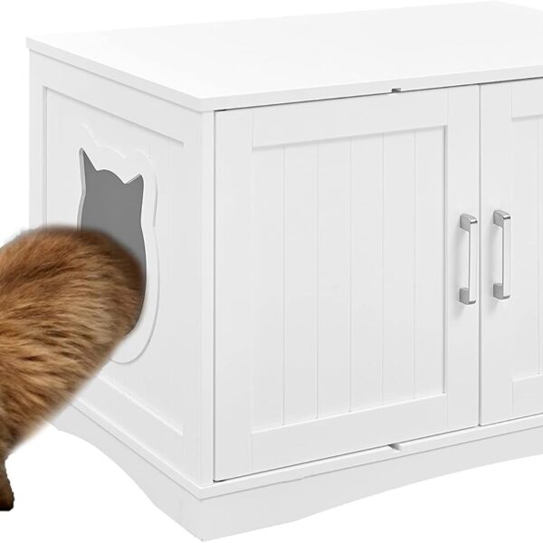 Designer Cat Washroom Storage Bench Cat Litter Box Enclosure Furniture Box House with Table, Spacious Storage, Easy Assembly, Fit Most of Litter Box (White)