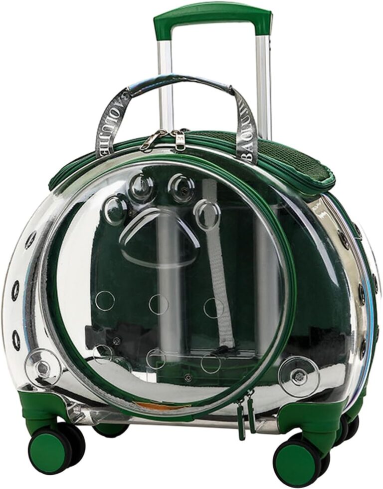 Cat Carrier with Wheels, Transparent & Fully Breathable Pet Trolley Case, Portable with Silent Wheel, Detachable Shoulder Strap, Multiple Carrying Options, Cats Dogs Backpack for Travel Green