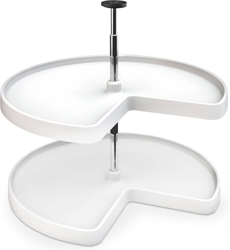 Rev-A-Shelf 2 Tier Kidney Cut Lazy Susan for Corner Base Cabinets, Plastic, 28" Double Shelf Swivel Kitchen Spice/Can Organizer, White, 3472-28-11-52