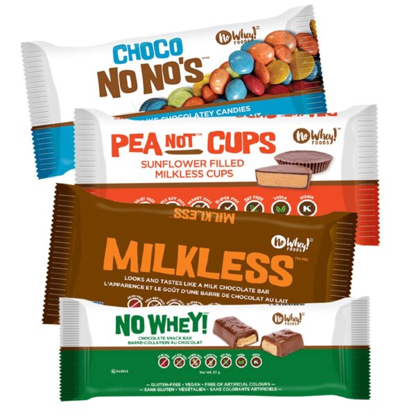 Vegan/Allergy Friendly Chocolate Candy Four Pack Sampler (Milkless bar, Choco No No's, Peanot Cups, No Whey Bar) | Dairy Free, Nut Free, Soy Free, Gluten Free | No Whey Foods