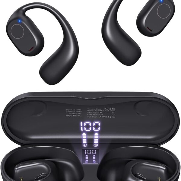 Open Ear Earbuds, Powerful Sound Sports Headphones with Clear Call, 40Hrs PlaytimeBluetooth 5.3 Headphones with Smart Digital Display Design IPX6 Waterproof Fit for Running, Gym, Workout (Black)