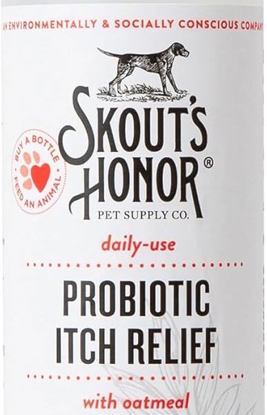 SKOUT'S HONOR Probiotic Itch Relief Spray for Pets - Non-Medicated, Fragrance-Free, Natural, Vegan, Long-Lasting Relief, with Soothing Aloe & Avocado Oil, 8 oz