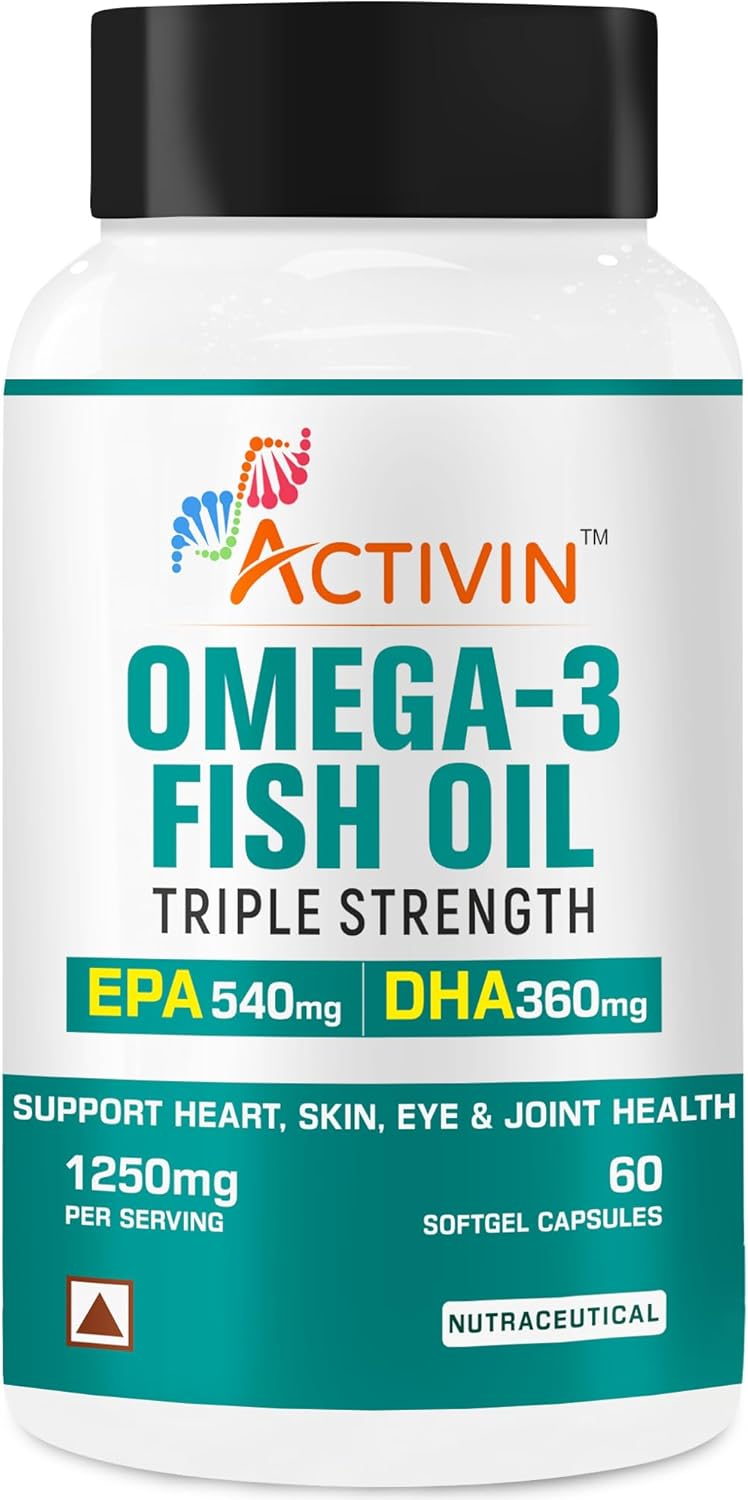 Omega - 3 Fish Oil Triple strenghth for Men and Women | EPA 540 mg and DHA 360 mg | Burpless Fish Oil Supplement | 60 softgel