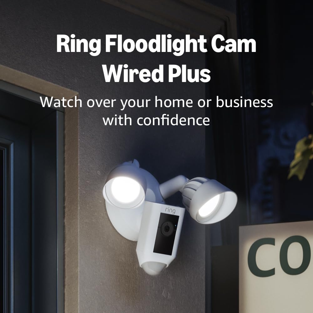 Ring Floodlight Cam Wired Plus (newest model), Outdoor home or business security with motion-activated 1080p HD video and floodlights, White Ring Floodlight Cam Wired Plus (newest model), Outdoor home or business security with motion-activated 1080p HD video and floodlights, White