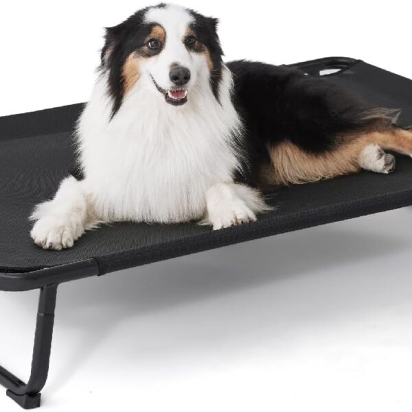 Made4Pets Outdoor Elevated Dog Bed for Large Dogs - Cooling Raised Pet Cot with Skid-Resistant Feet, Tool-Free Setup, Chew-Resistant Frame, Washable Mesh Hammock, Indoor & Outdoor Use, 42"x28", Black