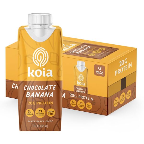 Koia Plant Based Protein Shake, Chocolate Banana, 20g Protein, 5g Sugar, 6g Prebiotic Fiber, 21 Vitamins & Minerals, Meal Replacement Drinks, Dairy-Free, Gluten-Free, Non-GMO, 11 Fl Oz (Pack of 12)