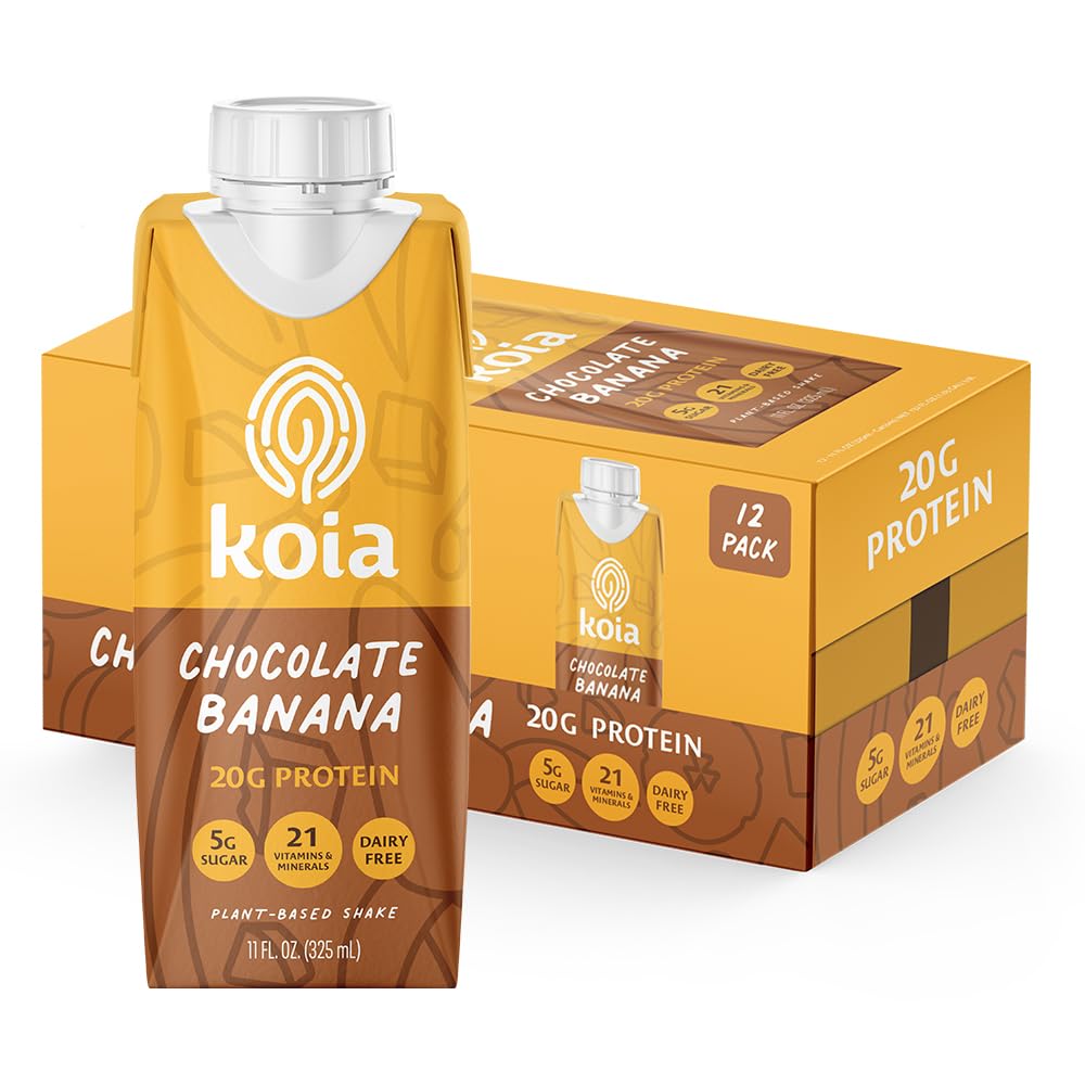 Koia Plant Based Protein Shake, Chocolate Banana, 20g Protein, 5g Sugar, 6g Prebiotic Fiber, 21 Vitamins & Minerals, Meal Replacement Drinks, Dairy-Free, Gluten-Free, Non-GMO, 11 Fl Oz (Pack of 12) Koia Plant Based Protein Shake, Chocolate Banana, 20g Protein, 5g Sugar, 6g Prebiotic Fiber, 21 Vitamins & Minerals, Meal Replacement Drinks, Dairy-Free, Gluten-Free, Non-GMO, 11 Fl Oz (Pack of 12)