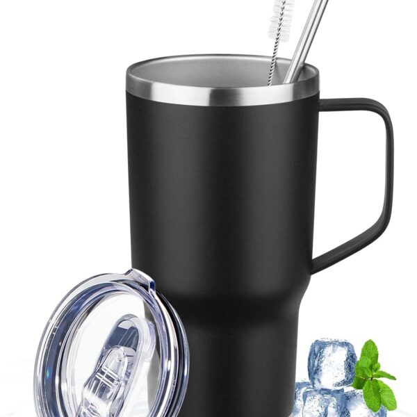 20oz Insulated Tumbler with Handle Stainless Steel Travel Coffee Mug with Lid and Straw Double Wall Vacuum Leak-proof Reusable Thermal Water Cup for Hot and Cold Drinks (Black,1 Pack)