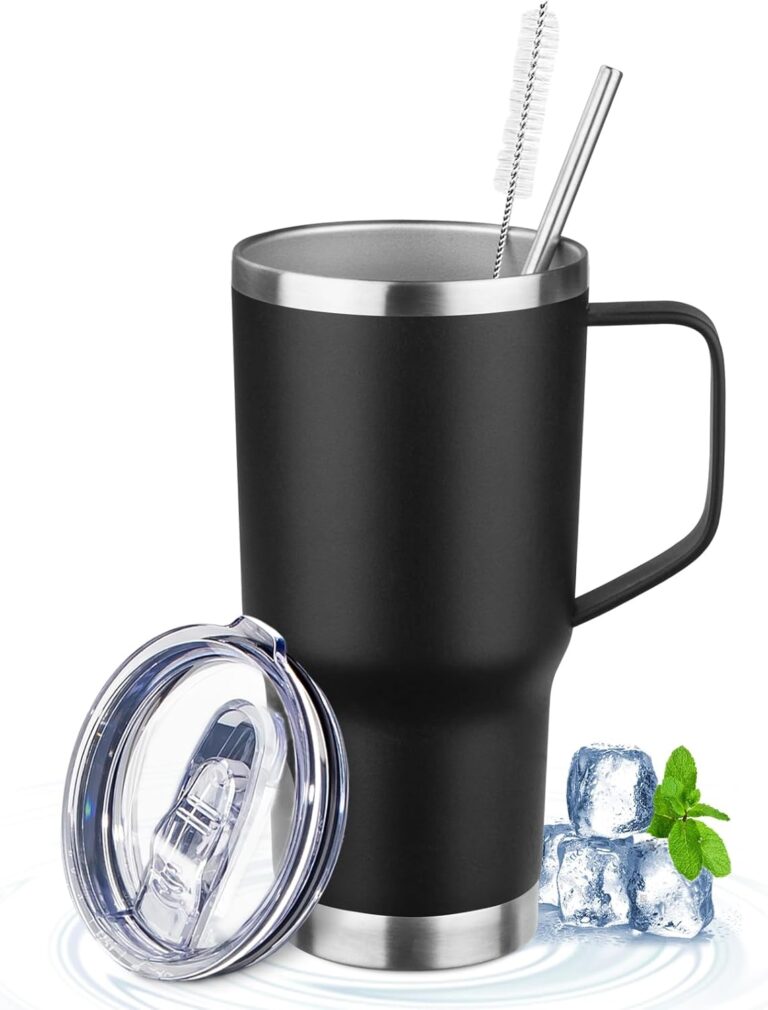 20oz Insulated Tumbler with Handle Stainless Steel Travel Coffee Mug with Lid and Straw Double Wall Vacuum Leak-proof Reusable Thermal Water Cup for Hot and Cold Drinks (Black,1 Pack)