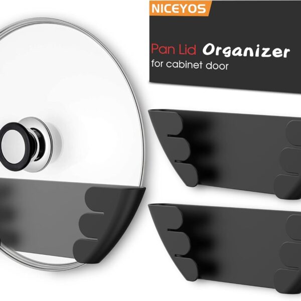 Universal Pot Lid Organizer for Cabinet - Upgraded Patented Niceyos 3 Pack Inside Cabinet Door Wall Mount Pan Top Storage Organizer Rack Holder for Kitchen, Fits 6" to 13" (Black)