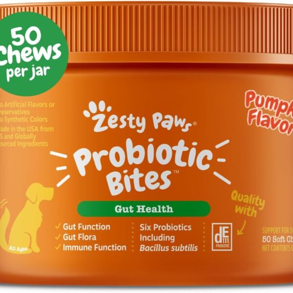 Zesty Paws Probiotics for Dogs, Digestive Enzymes Gut Flora, Digestive Health, Diarrhea & Bowel Support, DE111, Dog Probiotics Soft Chew for Pet Immune System, Chicken, 50 Ct