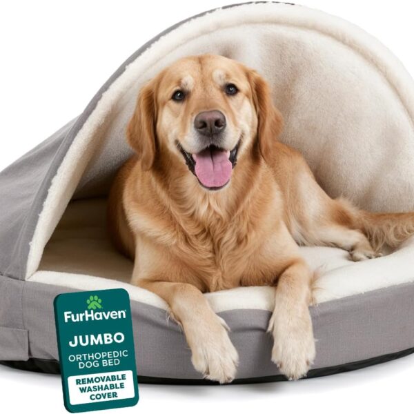 Furhaven 44" Round Orthopedic Dog Bed for Large Dogs w/ Removable Washable Cover, For Dogs Up to 80 lbs - Sherpa & Suede Snuggery - Gray, 44-inch