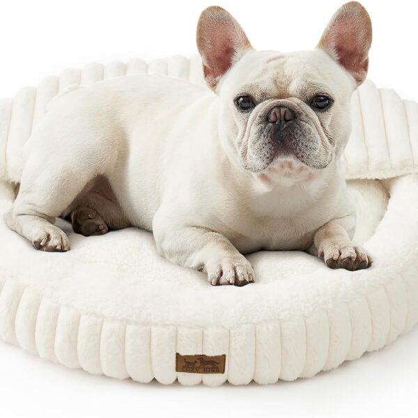 Small Dog Bed with Hooded Blanket, Round Fluffy Anti-Anxiety Pet Bed for Small Dogs & Medium Dogs, Cozy Donut Cuddler with Machine Washable Faux Fur & Anti-Slip Bottom(26"26"7",Cream)