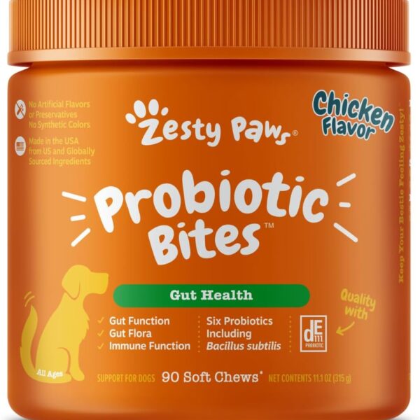 Zesty Paws Probiotics for Dogs, Digestive Enzymes Gut Flora, Digestive Health, Diarrhea & Bowel Support, DE111, Dog Probiotics Soft Chew for Pet Immune System, Chicken, 90 Ct