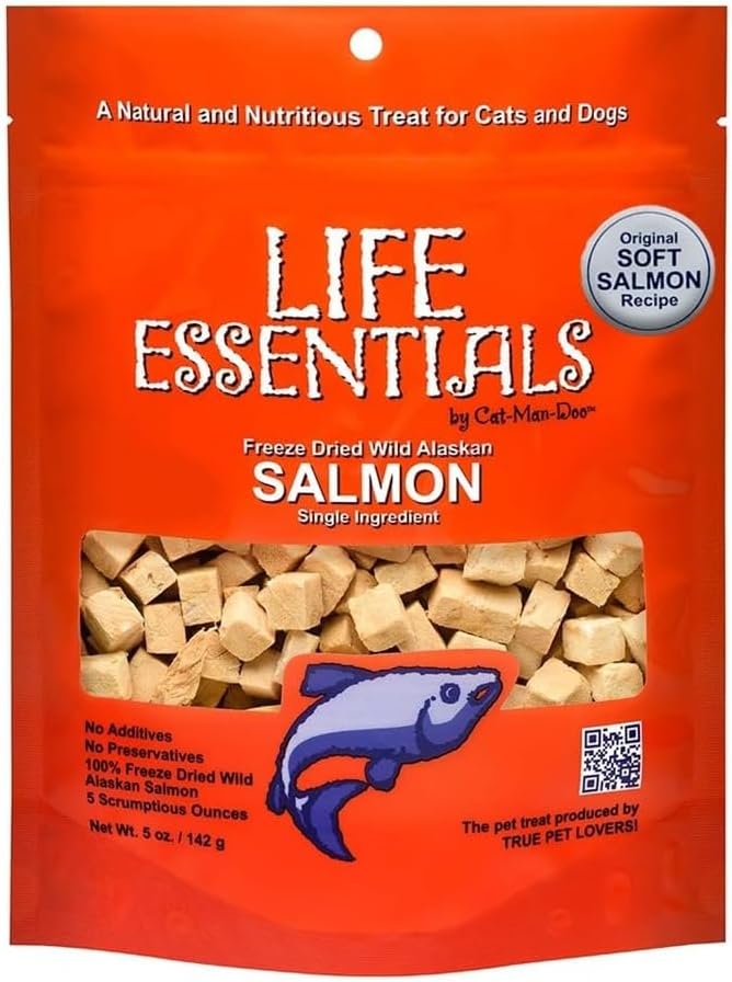 LIFE ESSENTIALS BY CAT-MAN-DOO All Natural Freeze Dried Wild Alaskan Salmon Treats for Cats & Dogs - Single Ingredient No Grain Snack with No Additives or Preservatives, 5 Ounce Bag