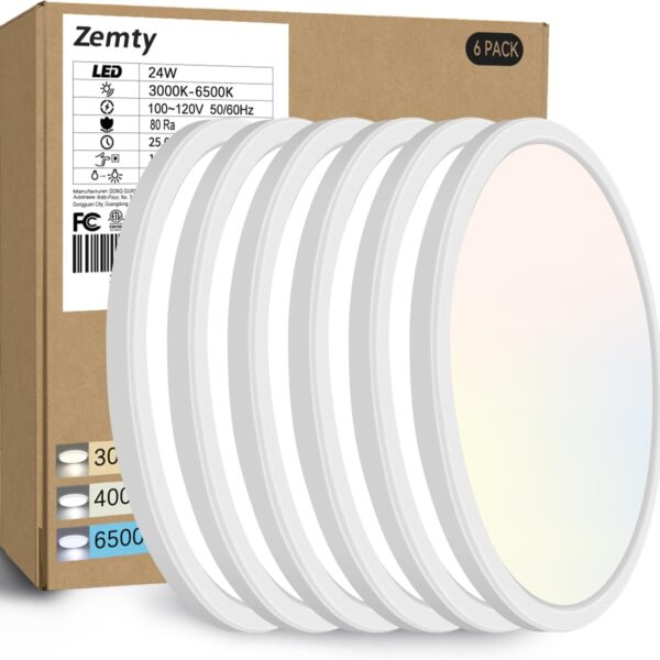 zemty 6Pack 12 Inch LED Flush Mount Ceiling Light, Super Slim 28W 3200lm LED Ceiling Light, 3 Color Temperature in One 3000k/4500k/6000K Round Light Fixture for Bedroom, Kitchen, Dining Room (White)