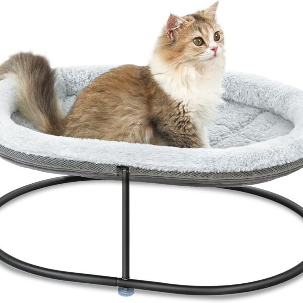 Elevated Cat Hammock Bed for Indoor Cats, Fluffy Warm Cuddle Cats Bed with Detachable Pad Bed Cover, Portable Pet Bed Raised Cuddler for Sleeping Kittens, Small Dog, Oval Cat Hammock Grey