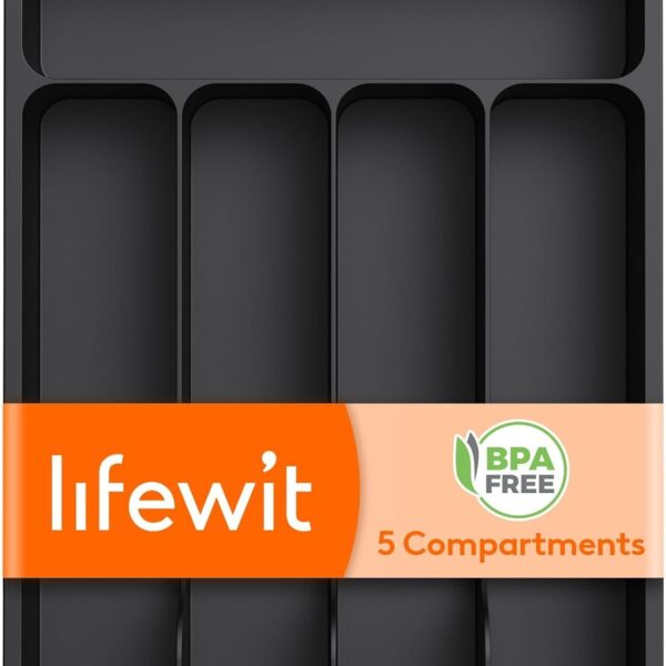 Lifewit Silverware Drawer Organizer Tray, Plastic Cutlery Storage for Kitchen Drawer, Flatware and Utensil Holder Divider for Spoons Forks Knives Tableware, 5 Compartment, Black