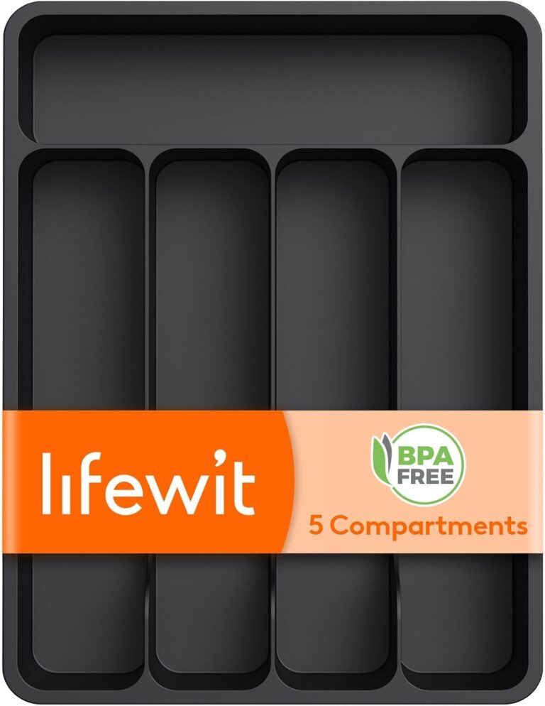Lifewit Silverware Drawer Organizer Tray, Plastic Cutlery Storage for Kitchen Drawer, Flatware and Utensil Holder Divider for Spoons Forks Knives Tableware, 5 Compartment, Black