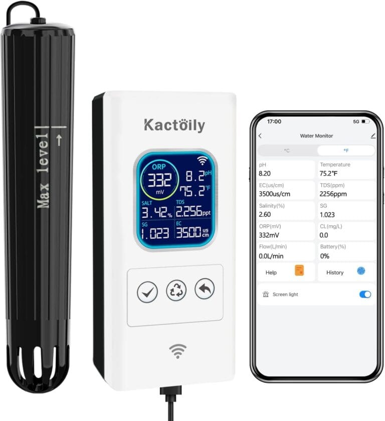 kactoily Smart Aquarium Water Monitor, Salinity pH ORP TDS EC Temp Multi-Parameter Tester for Freshwater Saltwater Fish Tanks Real-Time Alerts Upgraded Version