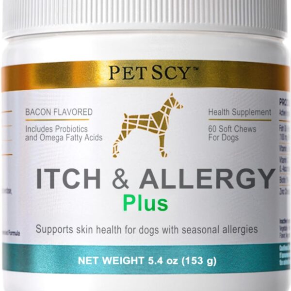 PetScy Itch & Allergy Plus Chews for Dogs Itchy Skin, Ears & Paws | Probiotics, Moringa & Turmeric | Dog Allergy Relief for Skin Redness, Hair Loss Gut & Digestive Health - Bacon Flavor - 60 Chews