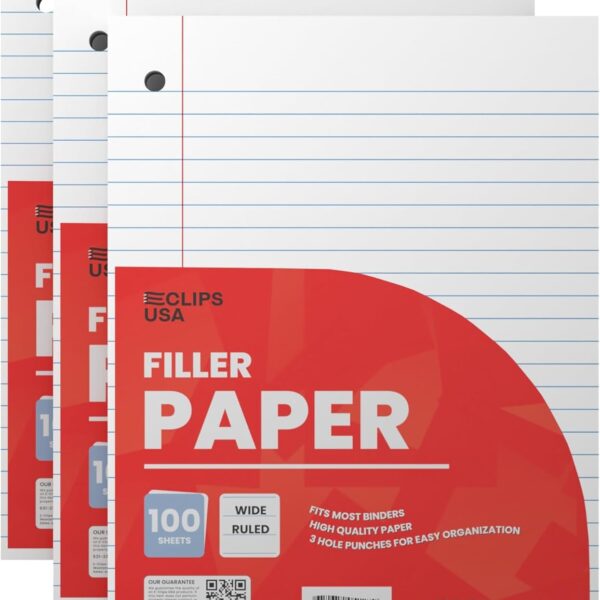 Notebook Paper, Loose Leaf Paper, Wide Ruled Paper, 10.5 x 8, Filler Paper, 100 Sheets Per Pack, 60 gsm (3 Pack)