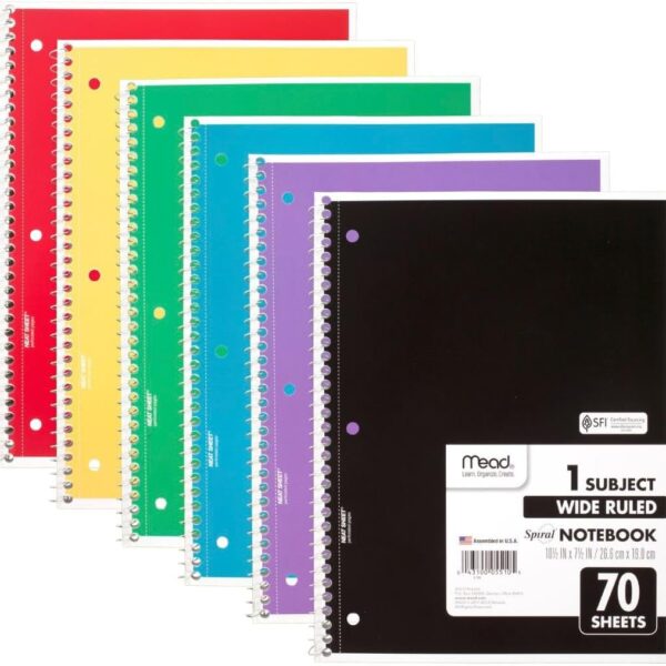 Mead Spiral Notebook, 6 Pack, 1 Subject, Wide Ruled Paper, 7-1/2" x 10-1/2", 70 Sheets per Notebook, Colors Will Vary (930201-ECM25)