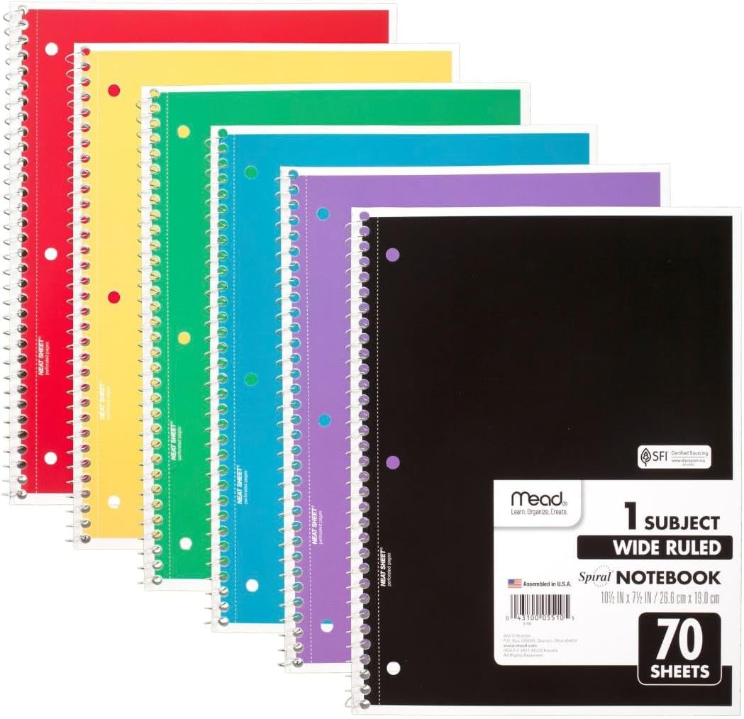 Mead Spiral Notebook, 6 Pack, 1 Subject, Wide Ruled Paper, 7-1/2" x 10-1/2", 70 Sheets per Notebook, Colors Will Vary (930201-ECM25) Mead Spiral Notebook, 6 Pack, 1 Subject, Wide Ruled Paper, 7-1/2" x 10-1/2", 70 Sheets per Notebook, Colors Will Vary (930201-ECM25)