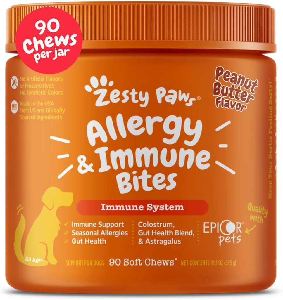 Zesty Paws Dog Allergy Relief Chews, Dog Probiotics for Itchy Skin and Ears, Peanut Butter, 90ct Zesty Paws Dog Allergy Relief Chews, Dog Probiotics for Itchy Skin and Ears, Peanut Butter, 90ct