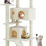 DUMOS 54-inch Indoor Cat Tree Tower Multi-Level Pet House for Large Cats with 2 Condos, Scratching Posts, Round Platform, Small Ladder, and Toys, Beige