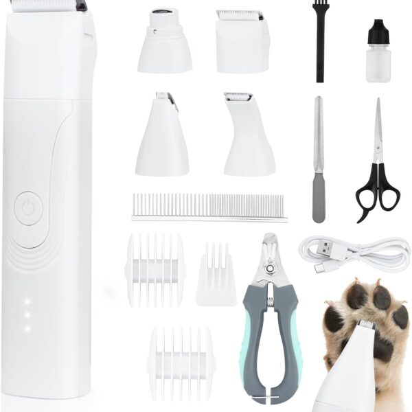 Dog Grooming Kit Quiet, 14 in 1 Dog Hair Trimmers with Paw Nail Grinder & Pet Clippers, Low Noise,Waterproof, Rechargeable, 3 Blades for Paws, Eyes, Ears, Face Safe for Dogs & Cats
