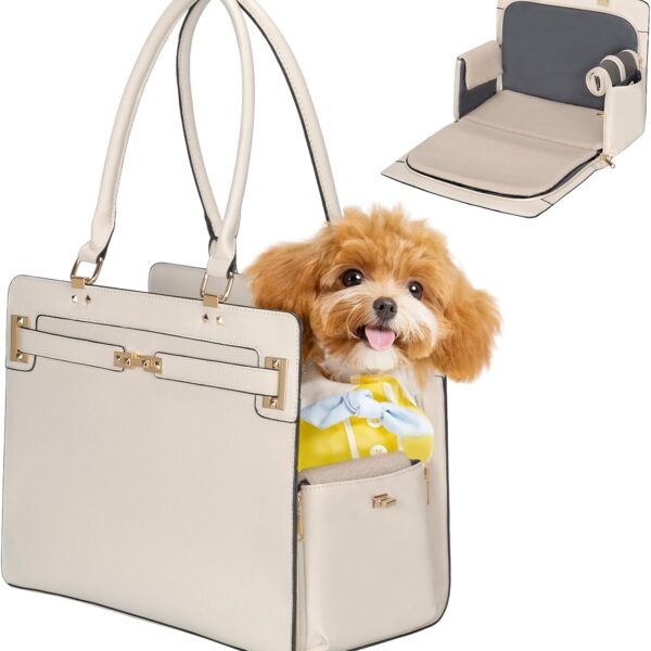 2-in-1 Stylish Dog Purse Carrier Soft-Sided Carriers Travel Tote Bag for Small Dogs Cats, Fashion Foldable Pet Bag for Puppies Small Animals with Pockets (White, 15" L x 7.5" W x 12.2" H)
