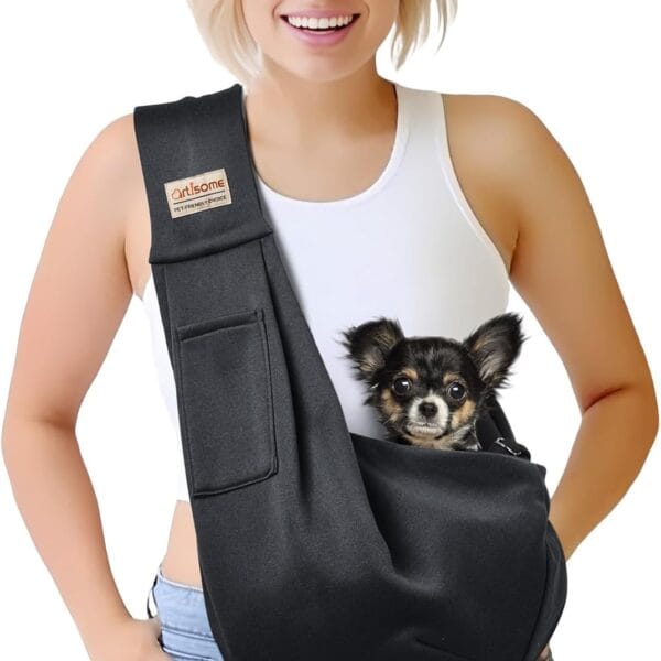 Pet Dog Sling Carrier for 2-7 lbs pet,Dog Purse Pouch,Dog Satchel,Reversible unadjustable Strap Travel Hand-Free Safe Bag Small Puppy Backpack (Black)
