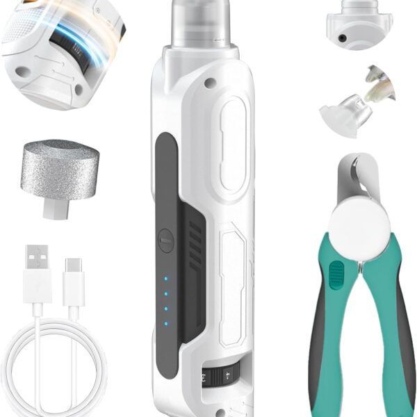 PAPIFEED High Torque Dog Nail Grinder Quiet - 6-Speed Adjustable Dog Nail Trimmers with 2 LED Lights & Dust-Proof Cover, Powerful Motor for Large/Medium/Small Dogs & Cats, Rechargeable - White Kit