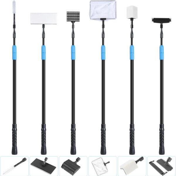 AquaMiracle 6 in 1 Aquarium Cleaning Tool Kit Fish Tank Cleaning Kit for 20-160 Gallon Tank with Telescopic Long Handle, Algae Scraper, Scrubber Pads, Tube Cleaner, Fish net, Gravel Rake
