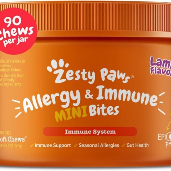 Zesty Paws Dog Allergy Relief Chews, Dog Probiotics for Itchy Skin and Ears, Lamb, Mini, 90ct