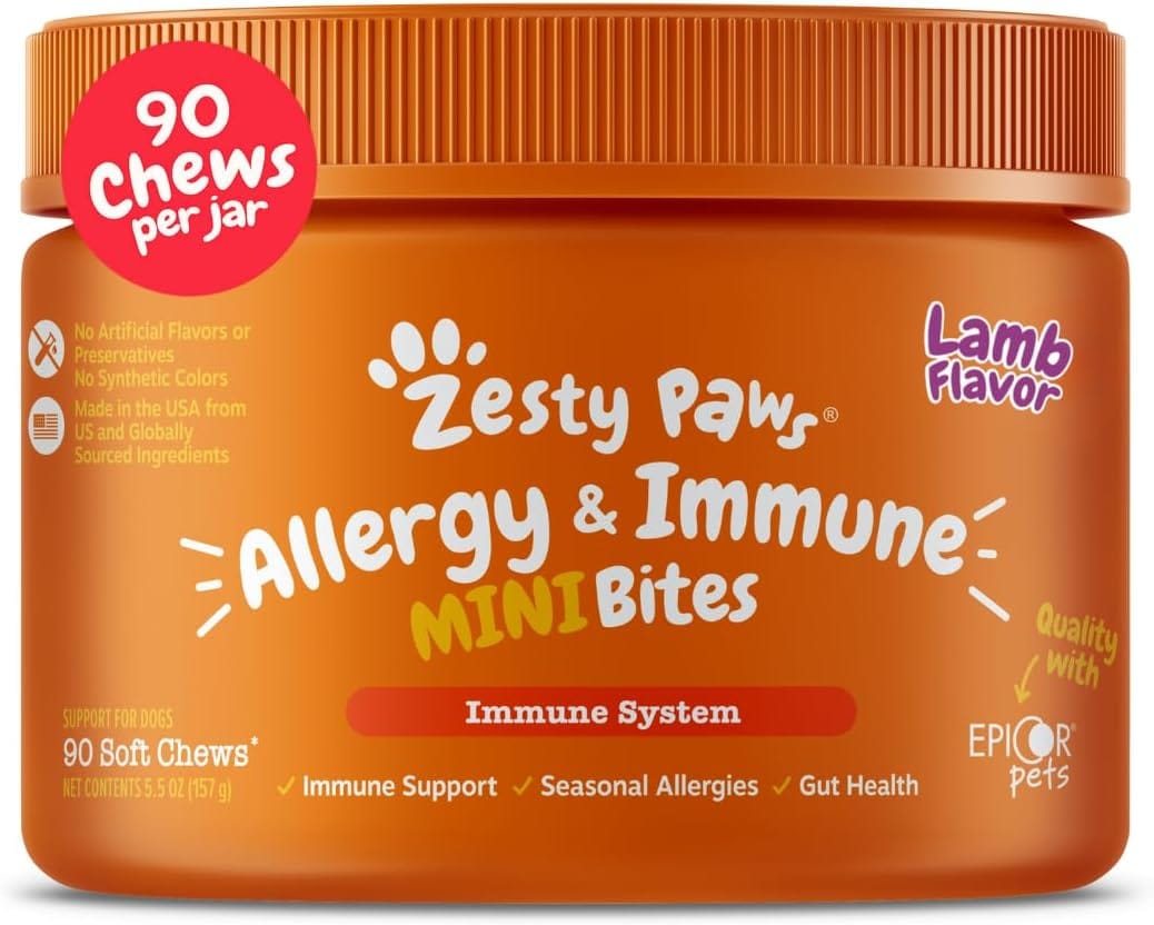 Zesty Paws Dog Allergy Relief Chews, Dog Probiotics for Itchy Skin and Ears, Lamb, Mini, 90ct Zesty Paws Dog Allergy Relief Chews, Dog Probiotics for Itchy Skin and Ears, Lamb, Mini, 90ct