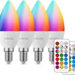 HEKEE E12 LED Candelabra Light Bulbs, Color Changing Candle, B11 40W Incandescent Equivalent, 450 Lumen, RGB + 2700K Warm White, 5Watt, 12 Colors, 2 Modes, Timer, Remote Control(4 Pack)