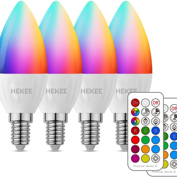 HEKEE E12 LED Candelabra Light Bulbs, Color Changing Candle, B11 40W Incandescent Equivalent, 450 Lumen, RGB + 2700K Warm White, 5Watt, 12 Colors, 2 Modes, Timer, Remote Control(4 Pack)