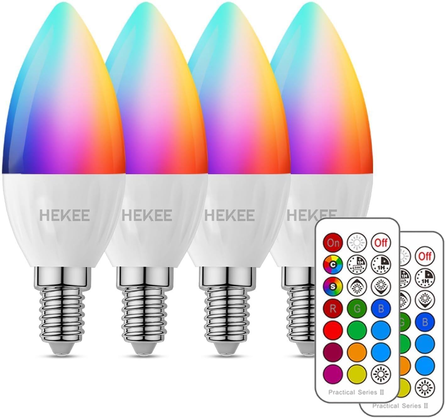 HEKEE E12 LED Candelabra Light Bulbs, Color Changing Candle, B11 40W Incandescent Equivalent, 450 Lumen, RGB + 2700K Warm White, 5Watt, 12 Colors, 2 Modes, Timer, Remote Control(4 Pack) HEKEE E12 LED Candelabra Light Bulbs, Color Changing Candle, B11 40W Incandescent Equivalent, 450 Lumen, RGB + 2700K Warm White, 5Watt, 12 Colors, 2 Modes, Timer, Remote Control(4 Pack)