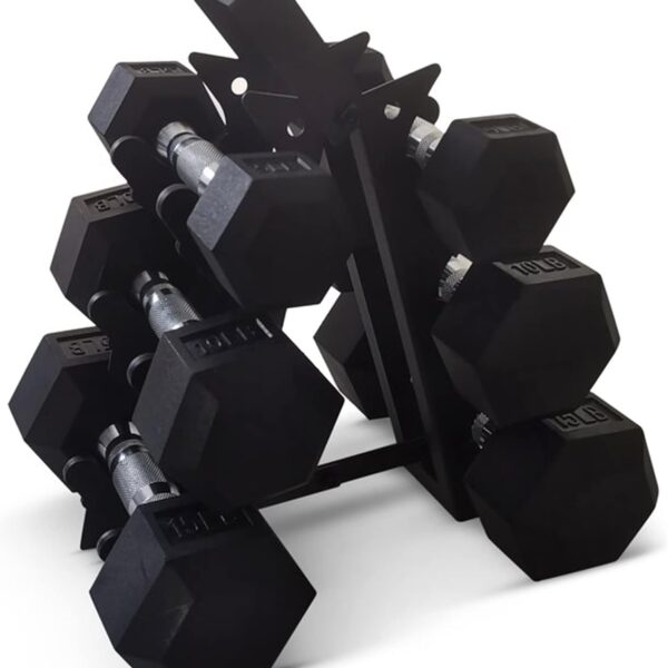 HolaHatha Hexagonal Dumbbell Weight Set w/ Rack, Home Gym Workout Equipment, 5/10/15 lbs