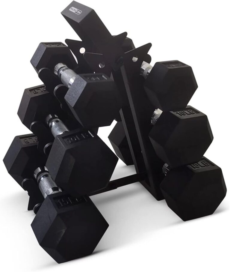 HolaHatha Hexagonal Dumbbell Weight Set w/ Rack, Home Gym Workout Equipment, 5/10/15 lbs