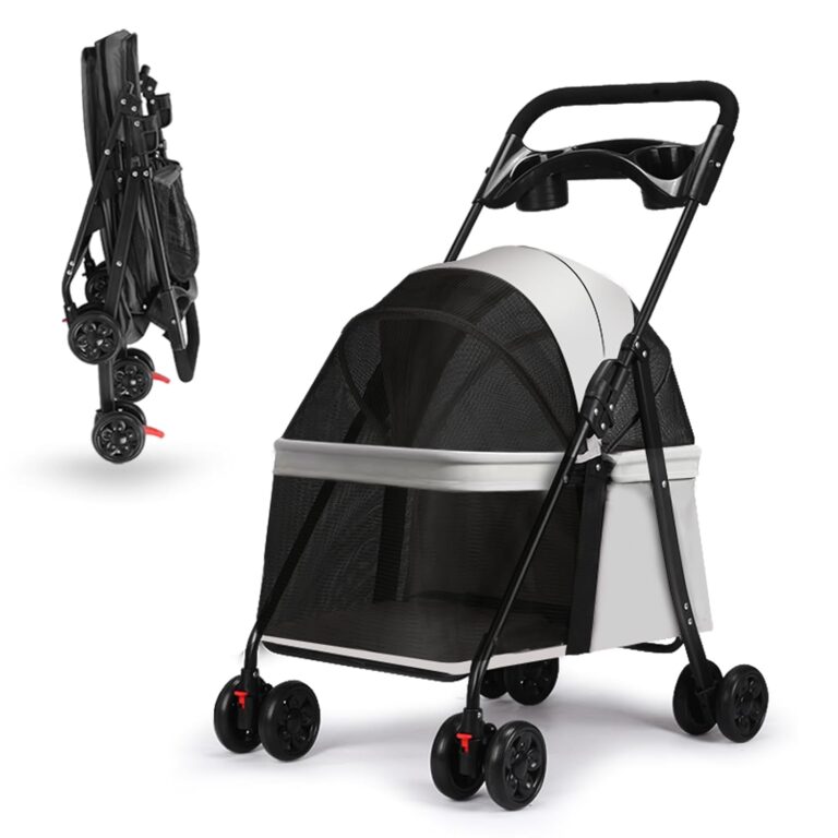 4-Wheel Pet Stroller for Small Medium Dogs with Removable & Detachable Carrier, Foldable Waterproof Dog Stroller with Breathable Mesh, Cup Holder, Storage Basket & Safety Leash (Gray)