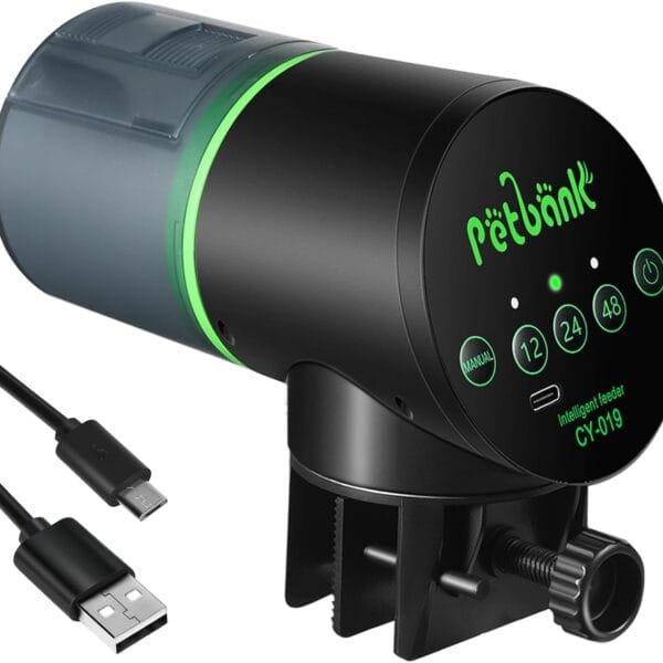Automatic Fish Feeder for Aquarium - Auto Fish Food Dispenser Rechargeable for Small Large Tank with USB Charger Cable12/24/48H Interval Esay Set Up (Black, CY-019)