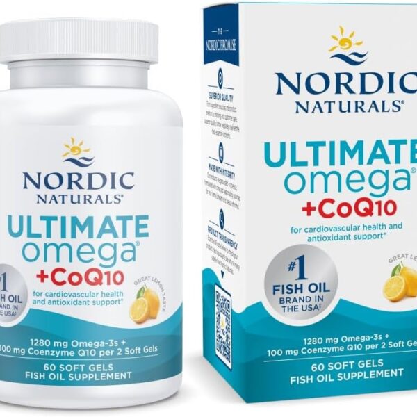 Nordic Naturals Ultimate Omega + CoQ10, Lemon - 60 Soft Gels - 1280 mg Omega-3 + 100 mg CoQ10 - Heart Health, Cellular Energy, Antioxidant Support - Non-GMO - 30 Servings