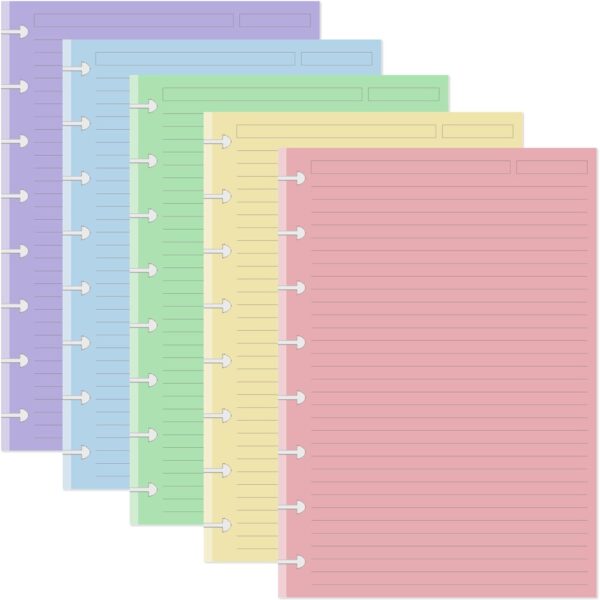 Junior Size TUL Discbound Lined Refill Paper, 8-Disc Disbound Insert, 5 Colors(20 Sheets/Color), Total 100Sheets / 200Pages, 110gsm Thicker Paper, 5.8'' x 8.2''