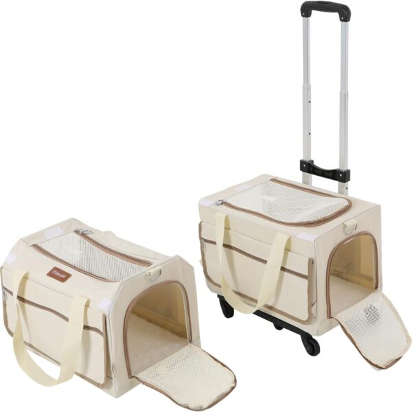 Double-Layer Rolling Pet Carrier, Double Layer Cat House with Pull Rod, Large Capacity Cat Furniture for Rest & Play, Pet Trolley Case for Travel, Camping (Beige + Coffee Color)