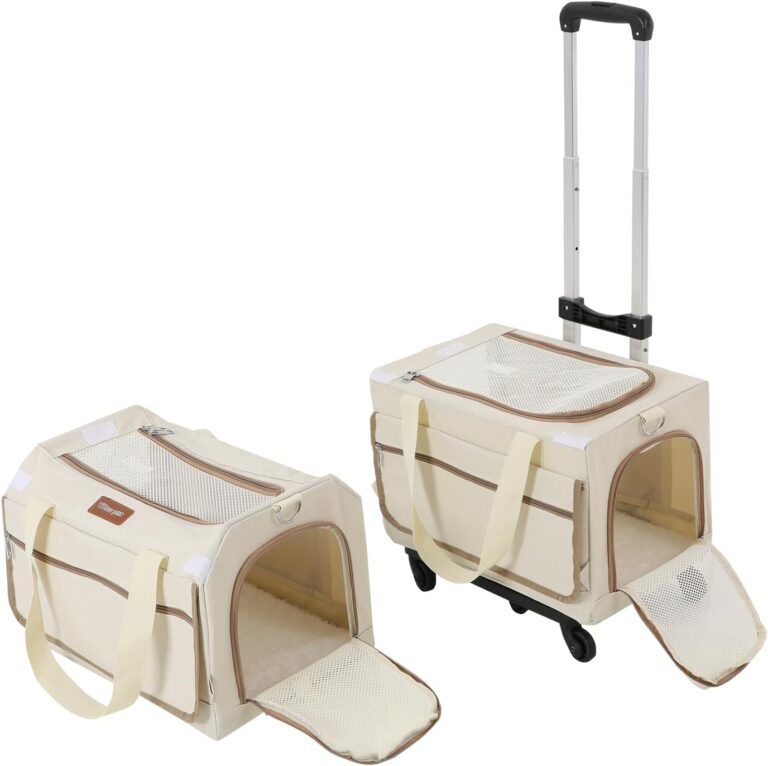 Double-Layer Rolling Pet Carrier, Double Layer Cat House with Pull Rod, Large Capacity Cat Furniture for Rest & Play, Pet Trolley Case for Travel, Camping (Beige + Coffee Color)
