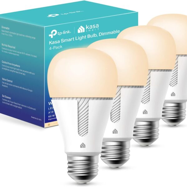 Kasa Smart Light Bulbs that works with Alexa and Google Home, Dimmable Smart LED Bulb, A19, 9W, 800Lumens, Soft White(2700K), CRI90, WiFi 2.4Ghz only, No Hub Required, 4 Count (Pack of 1)(KL110P4)