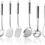 6-Piece Kitchen Cooking Utensils Set, Stainless Steel Kitchen Utensils with Suspendable Handle, Spatula, Slotted Turner, Soup Ladle, Slotted Spoon, Whisk, Pasta Server, Dishwasher Safe